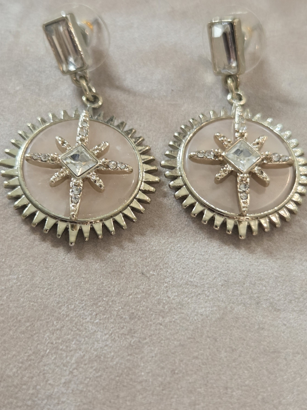 Silver and Gold Starburst on Blush Pink Drop Earrings